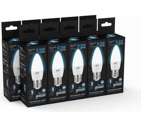 Лампа свеча Gauss 6.5W 550lm 6500К E27 LED 1/10/100 103102307