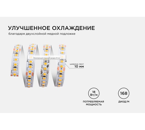 Светодиодная лента Apeyron 24В, ПРО 18Вт/м, smd2835, 168д/м, IP20, 2000Лм/м 5м, 4000К 00-313