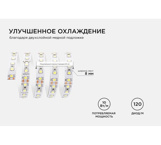 Светодиодная лента Apeyron 24В, 10Вт/м, smd3528, 120д/м, IP20, 900Лм/м, подложка, 8мм, 5м, теплый белый 00-330