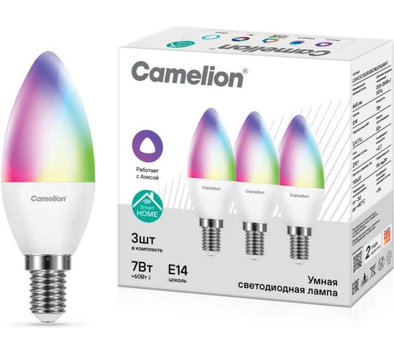 Набор ламп CAMELION Camelion Smart Home LSH7/C35/RGBСW/Е14/WIFI ( 7Вт Е14 RGB+DIM+CW 220В WiFi 3 шт.) 15847