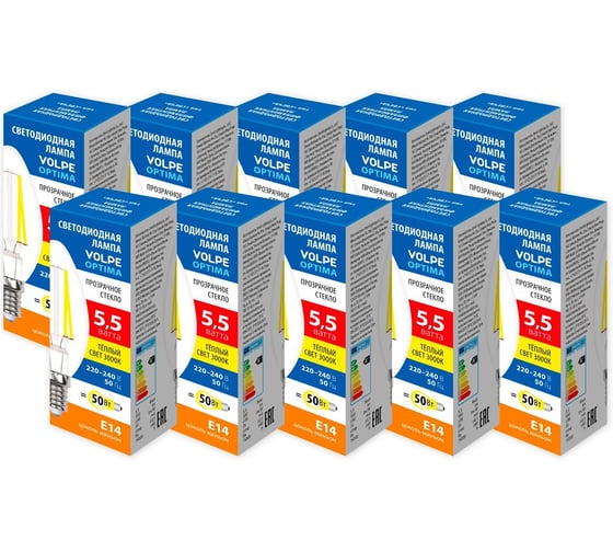 Филаментная лампа Volpe LED-C35-5,5W/3000K/E14/CL/SLF набор из 10штук UL-00013815