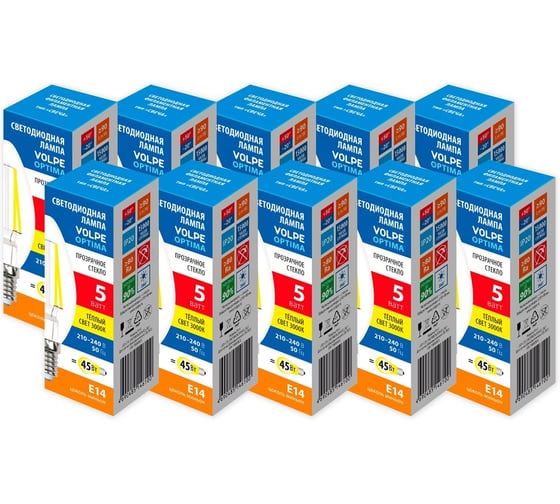 Филаментная лампа Volpe LED-C35-5W/3000K/E14/CL/SLF набор из 10штук UL-00013865