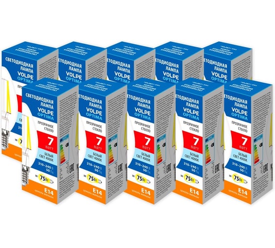Филаментная лампа Volpe LED-C35-7W/4000K/E14/CL/SLF набор из 10штук UL-00013877