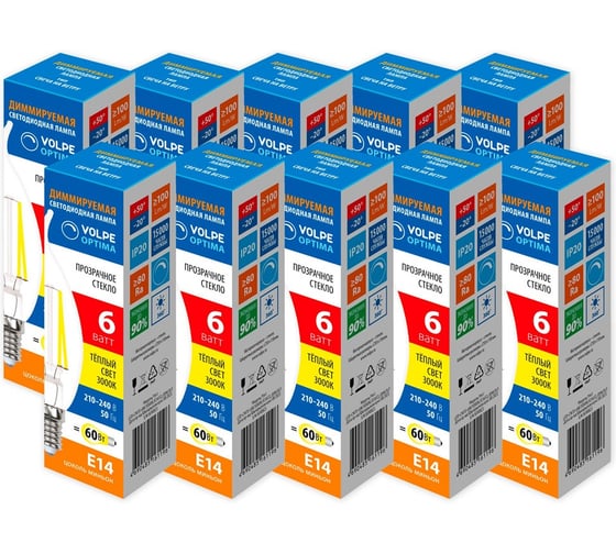 Филаментная лампа Volpe LED-CW35-6W/3000K/E14/CL/DIM/SLF набор из 10штук UL-00013891