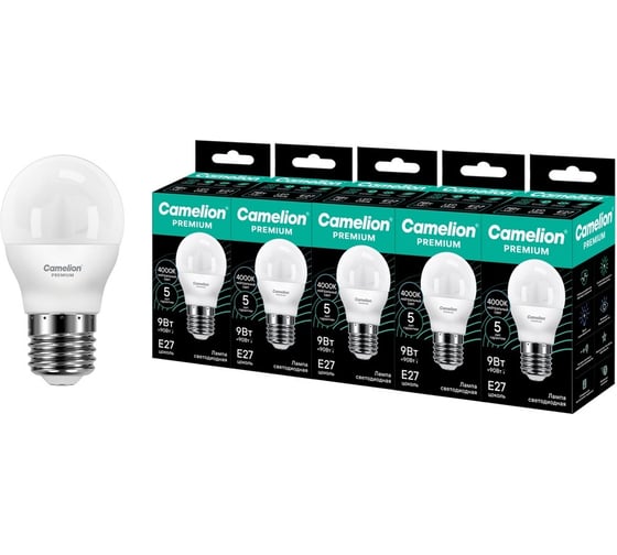 Светодиодная лампа Сamelion Premium LED9-G45-840-E27 5 шт. (шар 9Вт E27 4000K 120-265В) Camelion 16910