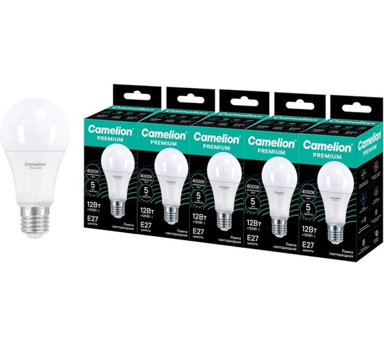 Светодиодная лампа Сamelion Premium LED12-A60-840-E27 5 шт. (груша 12Вт E27 4000K 120-265В) Camelion 16900