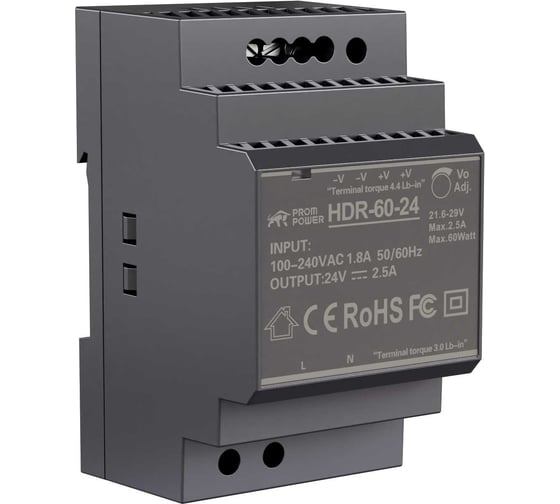 Источник питания Prompower HDR-60-24, на вых. 24 В DC, 2.5А, 60Вт. Вх. 85-264В AC (120-370 В DC) HDR6024