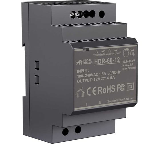 Источник питания Prompower HDR-60-12, на вых. 12 В DC, 4.5А, 54Вт. Вх. 85-264В AC (120-370 В DC) HDR6012
