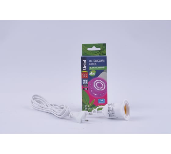 Набор: Лампа светодиодная + Патрон подвесной Uniel с выключателем и штепсельной вилкойСпектр для рассады и цветения. ULT-P201-15W/SPSB/2M WHITE UL-00013593