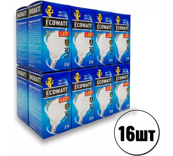 Набор светодиодных ламп ECOWATT 16шт A50 230В 4(30)W 4000K E14 холодный белый свет 4606400209041
