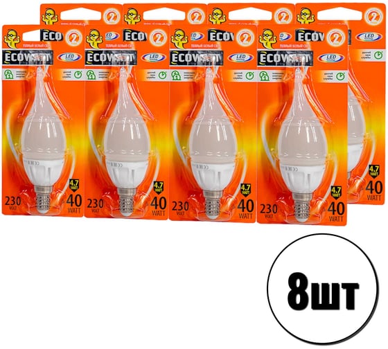Набор светодиодных ламп ECOWATT 8шт BXS35 230В 4.7(40)W 2700K E14 теплый белый свет 4606400209096