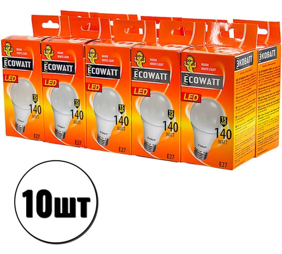 Набор светодиодных ламп ECOWATT 10шт A60 230В 15(140)W 3000K E27 теплый белый свет 4606400209065