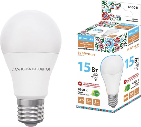 Светодиодная лампа TDM ELECTRIC НЛ-LED-A60-15 Вт-230 В-6500 К-Е27, 60х112 мм, Народная SQ0340-1516 1
