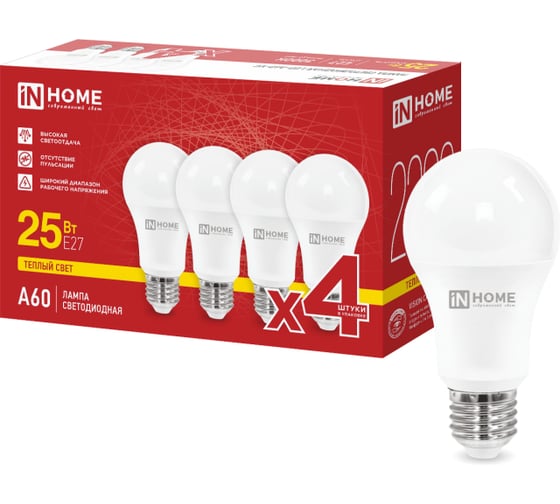 Лампа светодиодная IN HOME LED-A60-VC 4PACK 25Вт 230В Е27 3000К 2380Лм (4шт./упак) 4690612063065