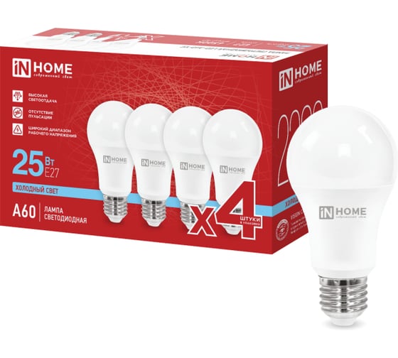 Лампа светодиодная IN HOME LED-A60-VC 4PACK 25Вт 230В Е27 6500К 2380Лм (4шт./упак) 4690612063089
