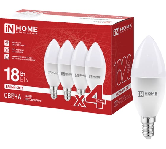Лампа светодиодная IN HOME LED-СВЕЧА-VC 4PACK 18Вт 230В Е14 4000К 1620Лм (4шт./упак) 4690612066707