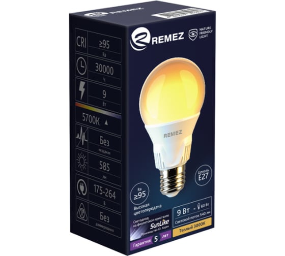 Светодиодная лампочка солнечного света Remez LED A60 9W 3000K ЦБ-00000057