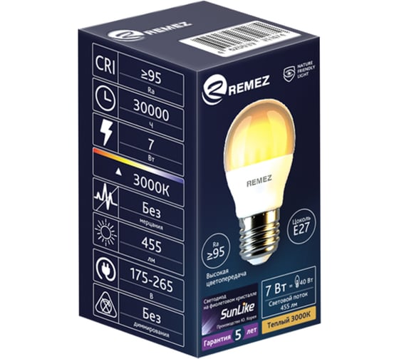 Светодиодная лампочка солнечного света Remez LED Е27 G45 7W 3000К ЦБ-00000124