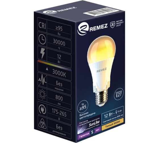 Светодиодная лампочка солнечного света Remez LED A60 E27 12W 3000K ЦБ-00000122