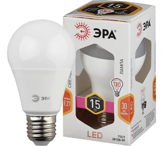 Светодиодная лампа ЭРА LED A6015W827E27 диод, груша, 15 Вт, теплый свет, E27 Б0050281