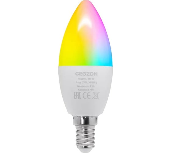 Умная LED лампа RGB GEOZON RG-02 E14, C37, 5.5W, Wi-Fi, AC 220-250В, 50-60Гц, 350lm, white GSH-SLR02