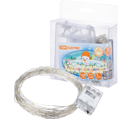 Светодиодная гирлянда TDM Роса100 100 LED, 10 м, 3000 К, 3хАА SQ0361-0053