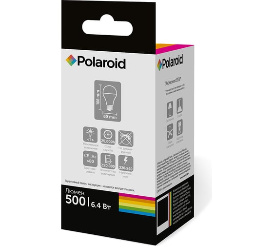 Светодиодная лампа Polaroid 220V A60 6,4W 6500K E27 500lm PL-A606276