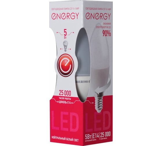 Светодиодная лампа Energy свеча C37-5-14NP 5W E14 25000ч 4000K нейтральный белый свет 001916
