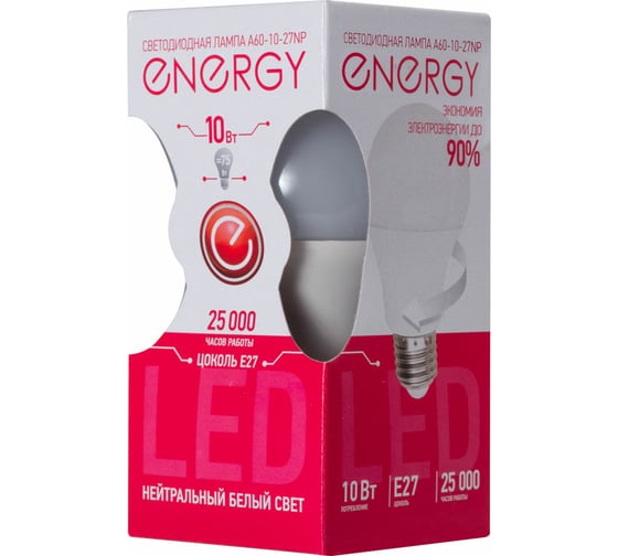 Светодиодная лампа Energy ЛОН A60-10-27NP 10W E27 25000ч 4000K нейтральный белый свет 001950