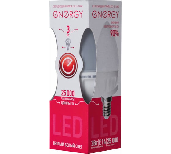 Светодиодная лампа Energy свеча C37-3-14WС 3W E14 25000ч 3000K теплый белый свет 001923