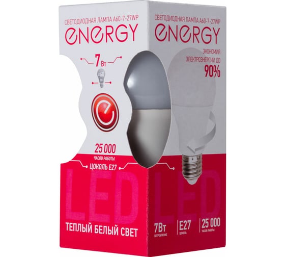 Светодиодная лампа Energy ЛОН A60-7-27WP 7W E27 25000ч 3000K теплый белый свет 001947