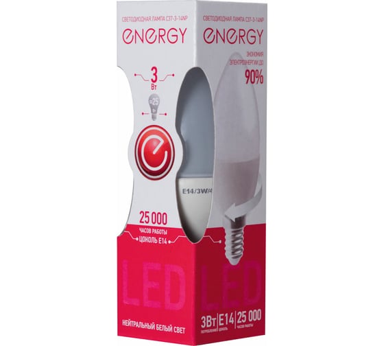 Светодиодная лампа Energy свеча C37-3-14NP 3W E14 25000ч 4000K нейтральный белый свет 001912