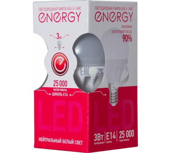 Светодиодная лампа Energy шарик G45-3-14NC 3W E14 25000ч 4000K нейтральный белый свет 001942