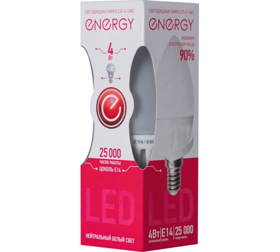 Светодиодная лампа Energy свеча C37-4-14NС 4W E14 25000ч 4000K нейтральный белый свет 001926