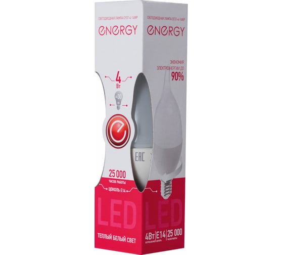 Светодиодная лампа Energy свеча на ветру CF37-4-14WP 4W E14 25000ч 3000K теплый белый свет 001919