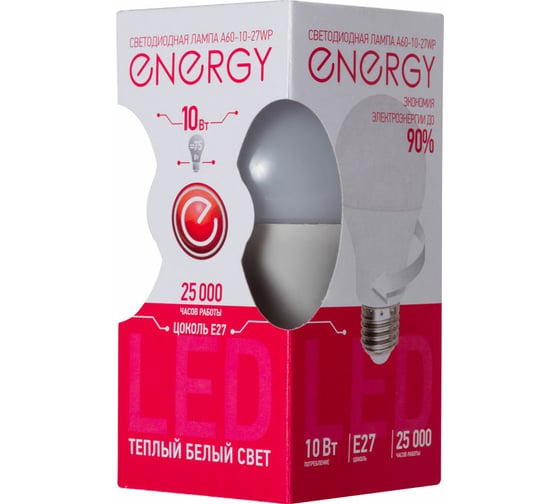 Светодиодная лампа Energy ЛОН A60-10-27WP 10W E27 25000ч 3000K теплый белый свет 001949