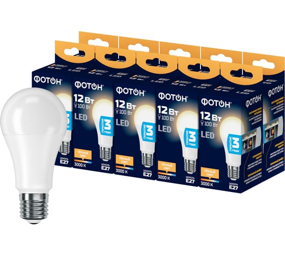 Лампа светодиодная ФОТОН LED A60 12W E27 3000K_M набор 10 шт. 25839