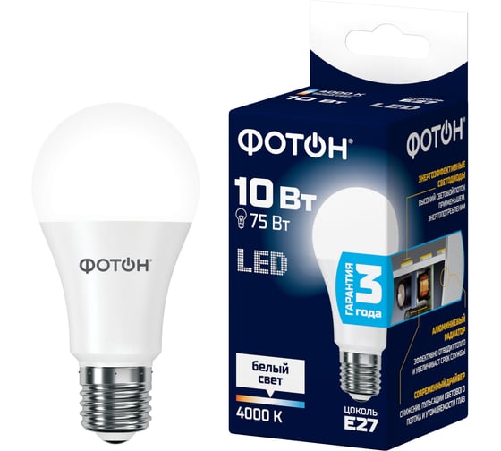 Лампа светодиодная ФОТОН LED A60 10W E27 4000K 25838