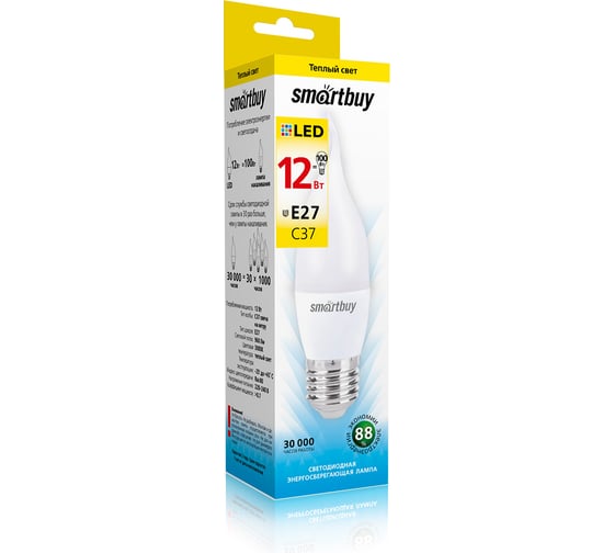 Светодиодная LED лампа Smartbuy Свеча на ветру матовая C37-12W00/E27 SBL-C37Can-12-30K-E27