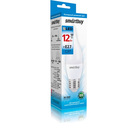 Светодиодная LED лампа Smartbuy Свеча на ветру матовая C37-12W00/E27 SBL-C37Can-12-60K-E27