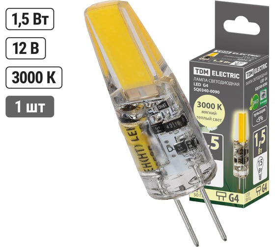 Светодиодная лампа TDM ELECTRIC G4-1,5 Вт-AC/DC 12 В-3000 К, COB, 9,5x36 мм SQ0340-0090