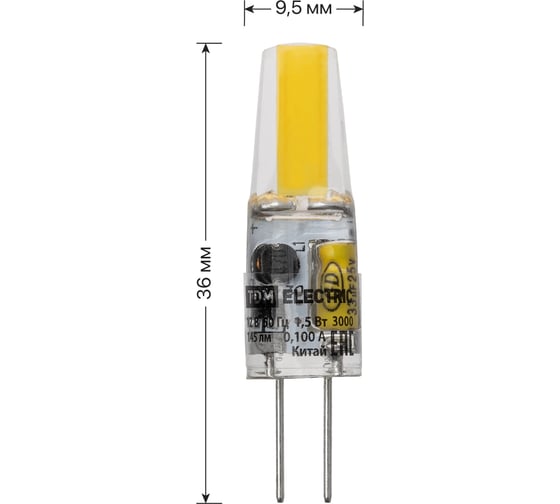 Светодиодная лампа TDM ELECTRIC G4-1,5 Вт-AC/DC 12 В-3000 К, COB, 9,5x36 мм SQ0340-0090