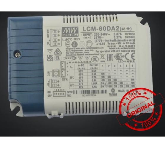 Светодиодный драйвер MEAN WELL LCM-60DA2 для внутреннего освещения c диммингом DALI-2 60 Вт 2-90 В 0.5-1.4 А 3956335