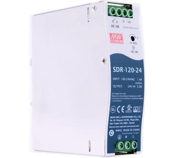 Блок питания на DIN-рейку MEAN WELL SDR-120-24 120Вт 24В 5А для промышленного оборудования и автоматизации производства, встроенный ККМ 357617