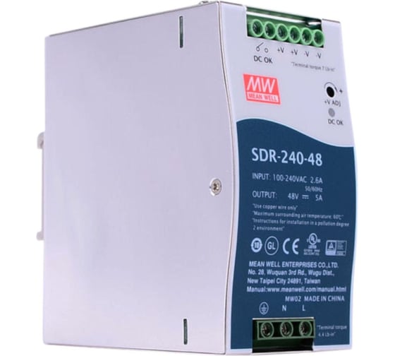 Импульсный блок питания на DIN-рейку MEAN WELL SDR-240-48 240Вт 48В 5А со стабилизацией по напряжению для промышленного оборудования и автоматизации производства 324562