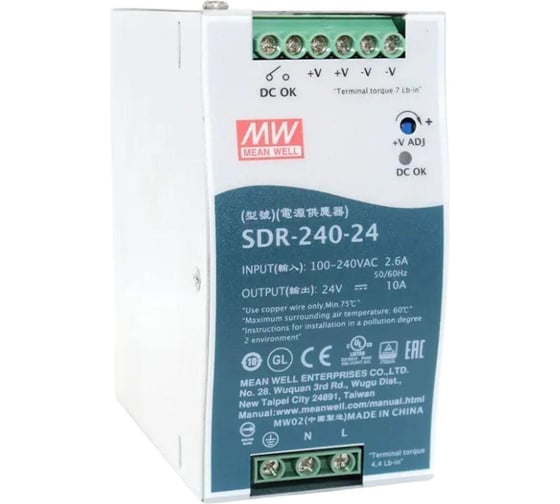 Импульсный блок питания на DIN-рейку MEAN WELL SDR-240-24 240Вт 24В 10А со стабилизацией по напряжению для промышленного оборудования и автоматизации производства 324560