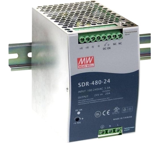 Блок питания на DIN-рейку импульсный MEAN WELL SDR-480-24 480 Вт 24 В 20 А со стабилизацией по напряжению для промышленного оборудования и автоматизации производства 343661