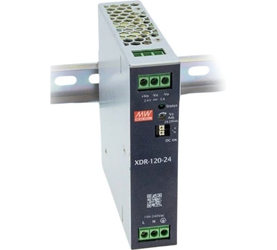 Ультратонкий блок питания на DIN-рейку MEAN WELL XDR-120-24 120 Вт 24 В для экстремальных условий -40...85 C, с комплексом защит, для промавтоматики и оборудования 7739407