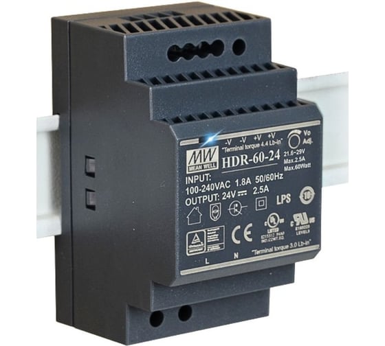 Блок питания импульсный MEAN WELL HDR-60-24, 24 В, 2.5 А, 60 Вт, на DIN-рейку, IP20 2261931