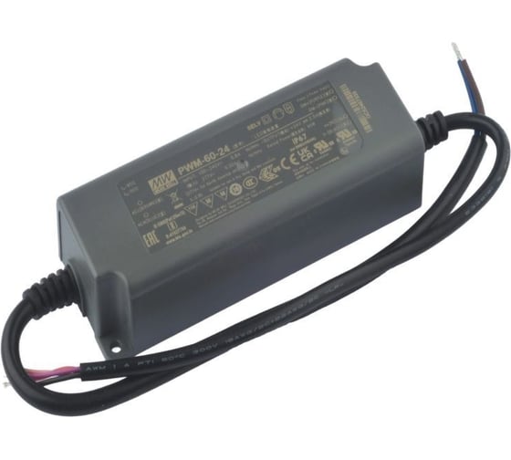 Светодиодный драйвер MEAN WELL PWM-60-24 60Вт 24В 2,5А для наружного и внутреннего освещения, защита IP67, димминг 3 в 1, ККМ, пластиковый корпус 1903234